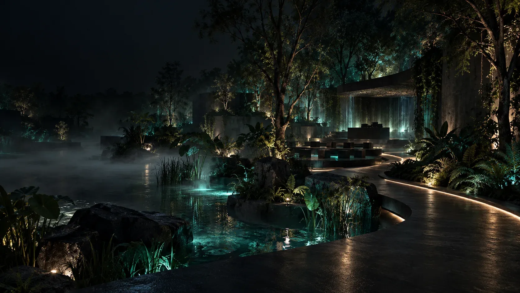 A night garden with mist and turquoise lights.
