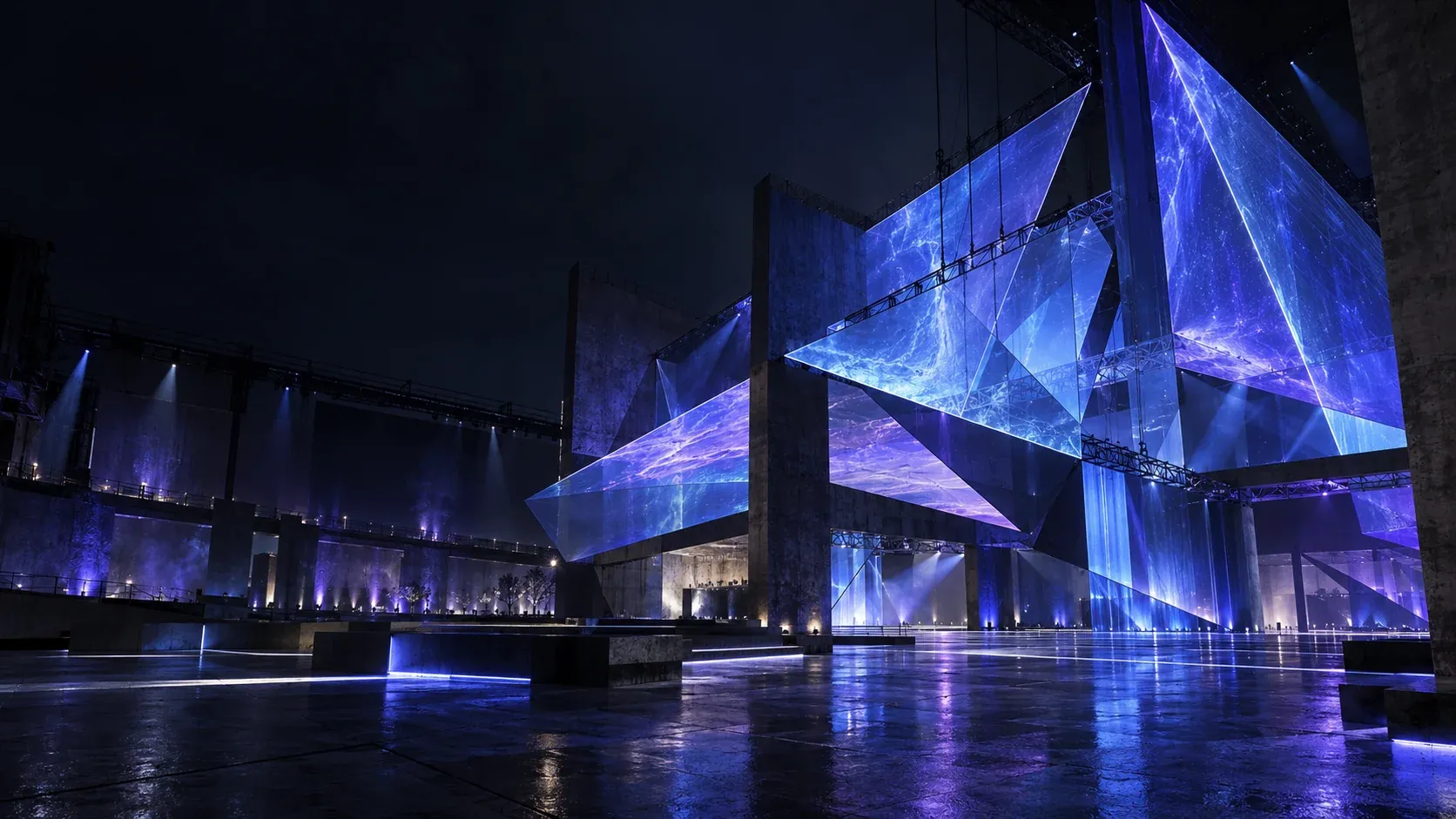 A glass-panel pavilion lit in blue and violet.