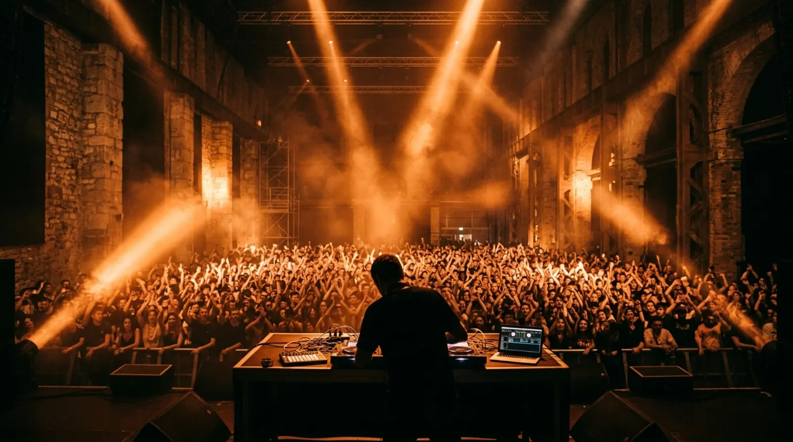 A silhouette in the booth facing a crowd and orange light beams.