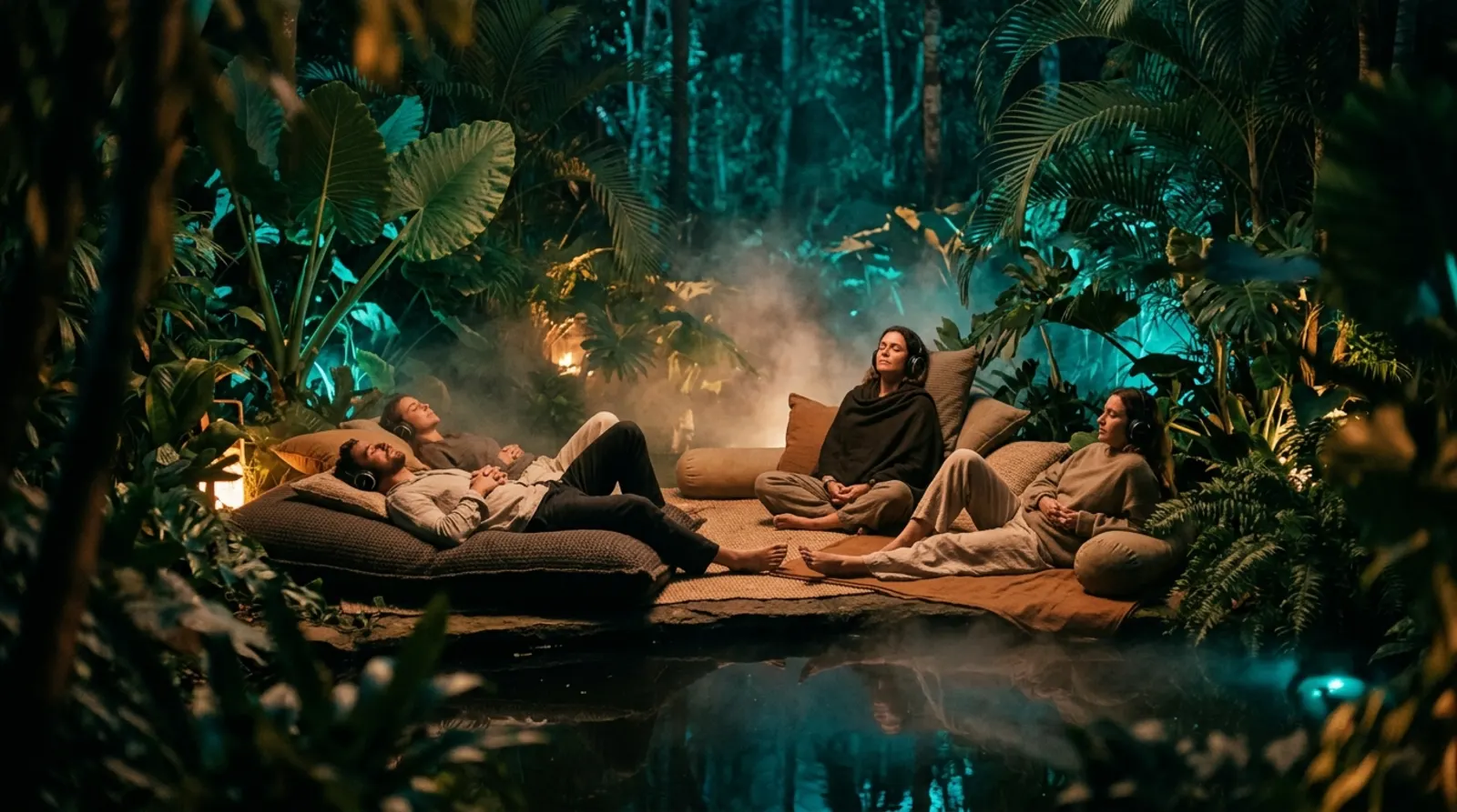People reclining with headphones beside the garden pond.