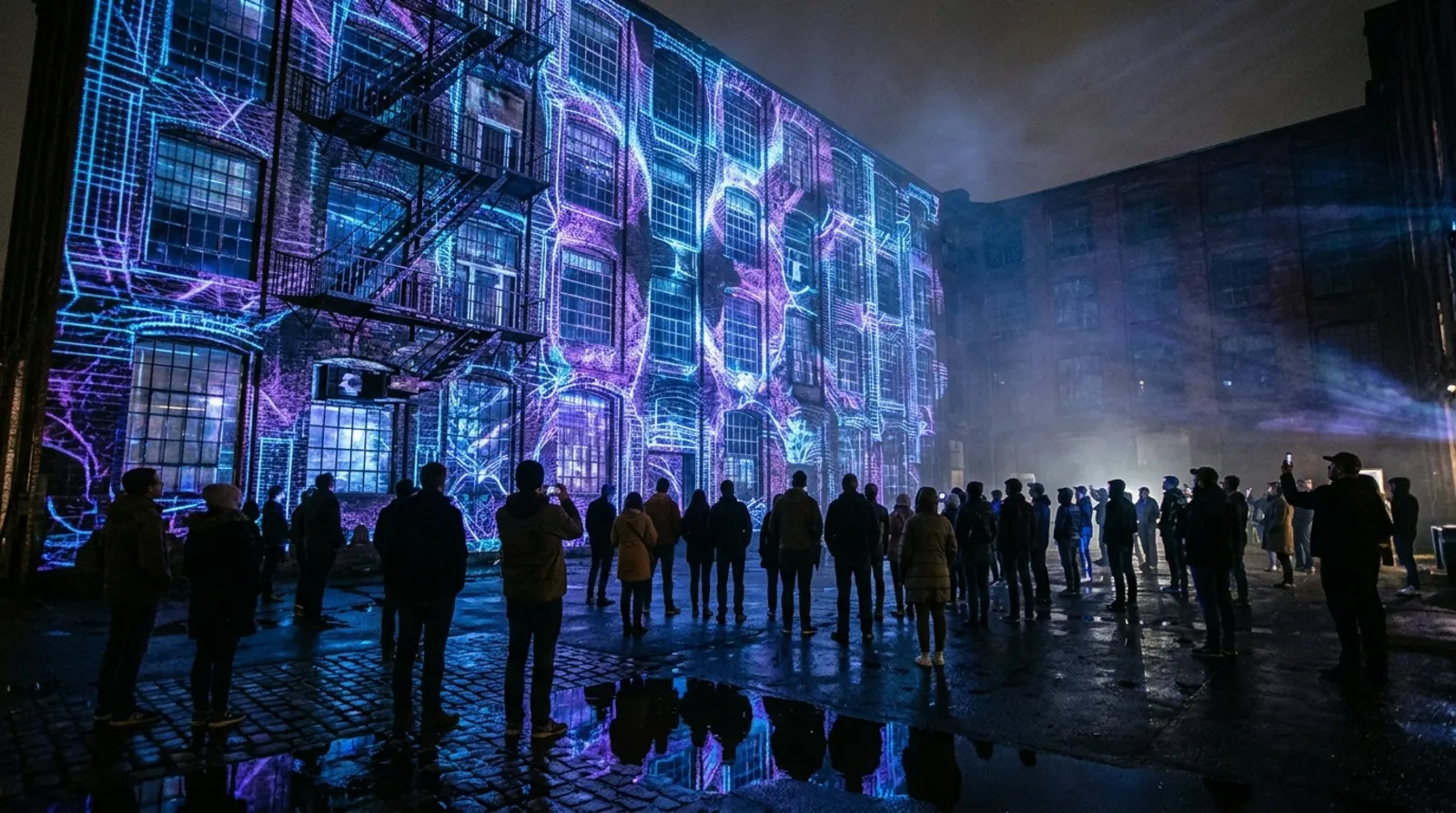 A blue generative projection on a factory facade.