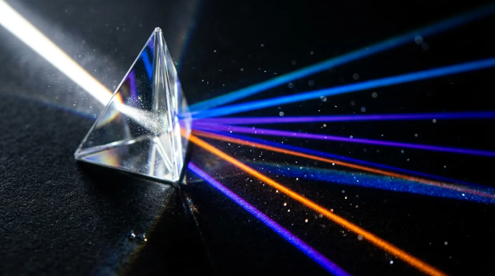 A beam passes through a prism and splits into colors.