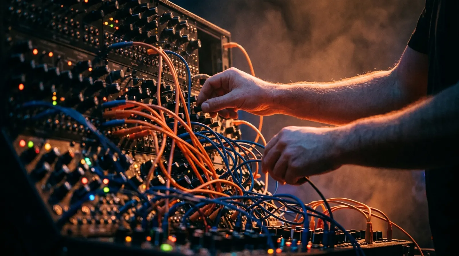 Hands on a modular synthesizer with orange cables.