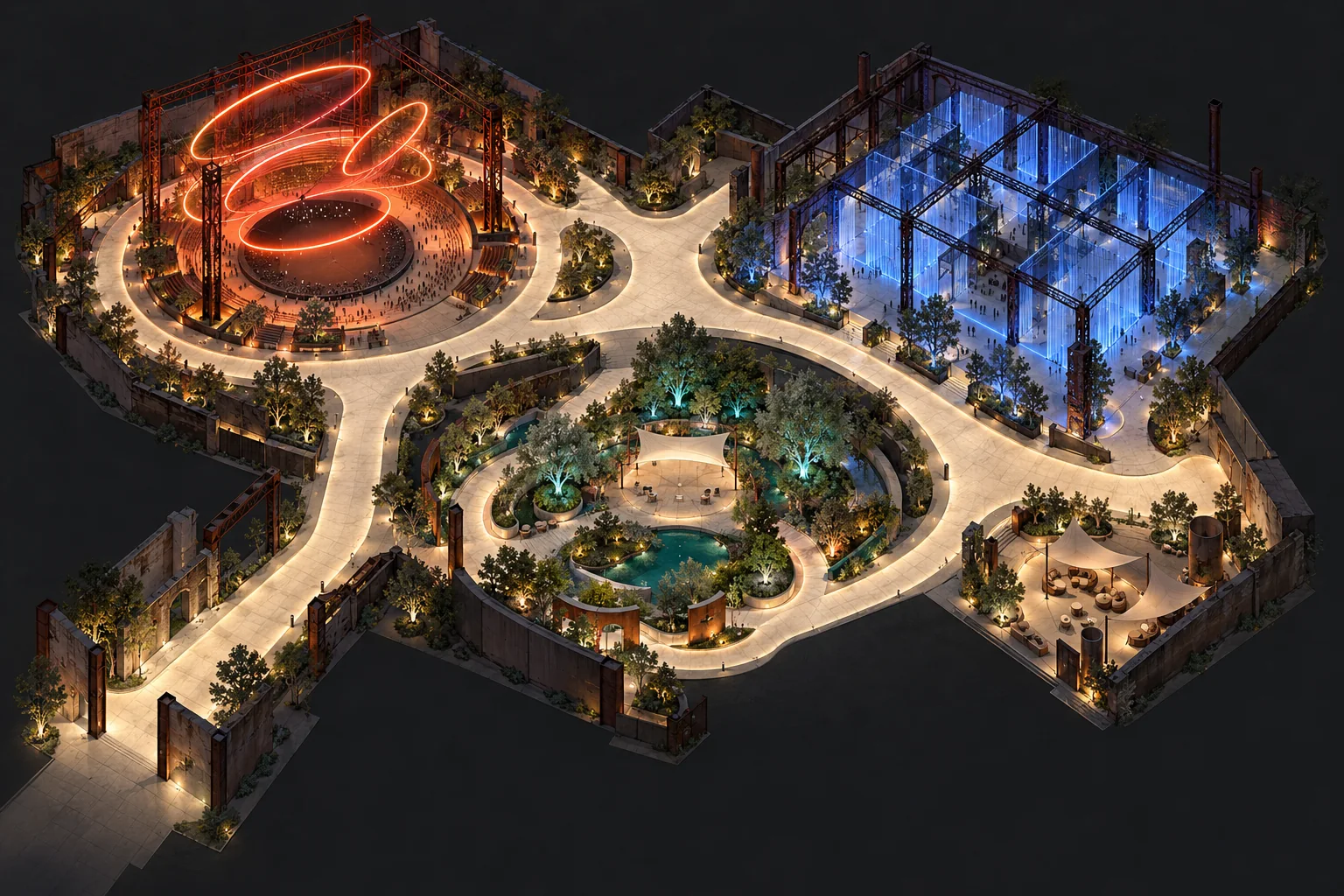 Illustrated isometric venue map: the Núcleo amphitheater with orange rings, the Prisma pavilion with blue columns, the Deriva garden and the water, restroom and rest area.