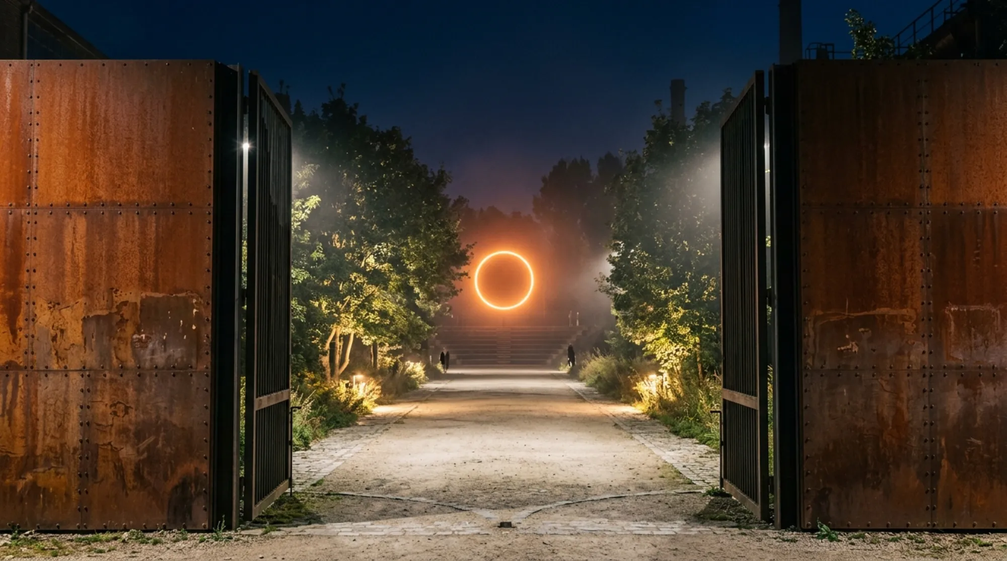 A rusted steel gate opens onto a lit path, with an orange neon ring glowing in the distance.